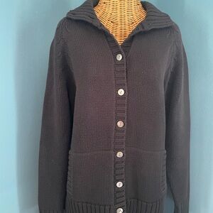 Lands End Classic Women’s Black 100% Cotton Cardigan Large Button Front Pockets